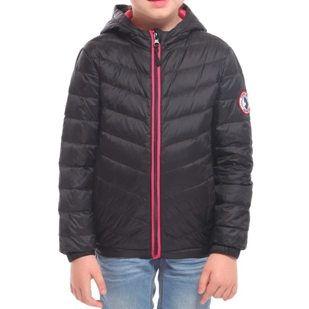 Rokka & Rolla Kids Black Down Puffer Jacket Hooded Packable Pink Zip Sz L 10-12‎
